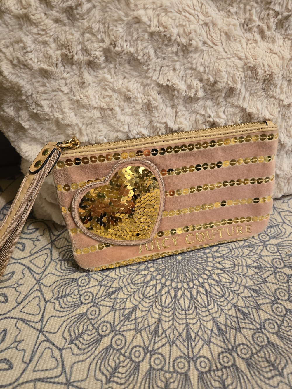Juicy Couture Blush Pink Velvet Wristlet with Gold Sequin Heart